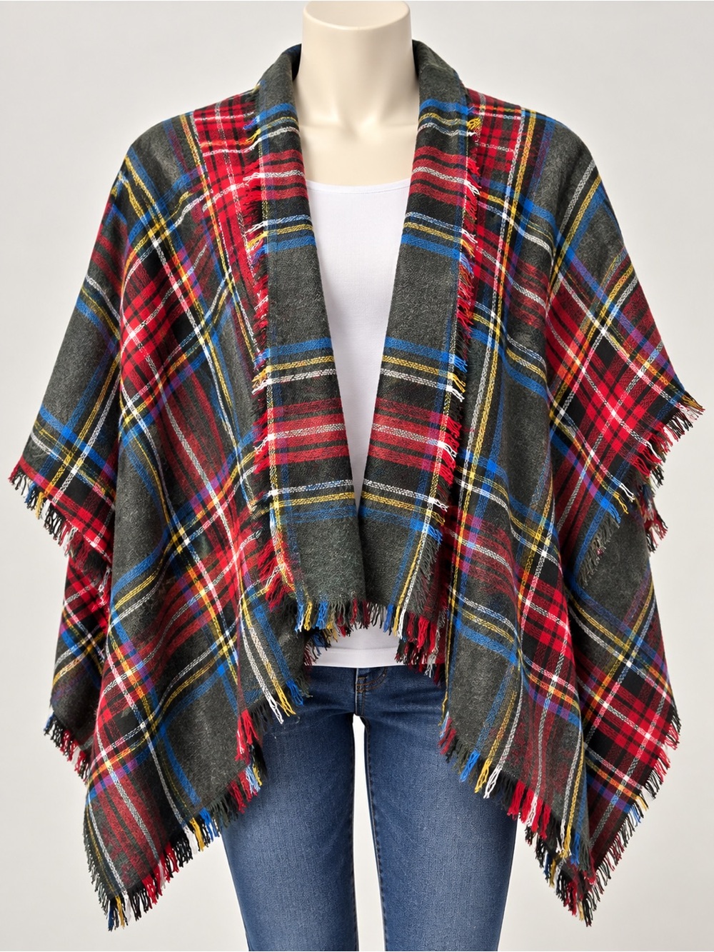 Plaid Shawl Wrap Jacket - Red & Gray